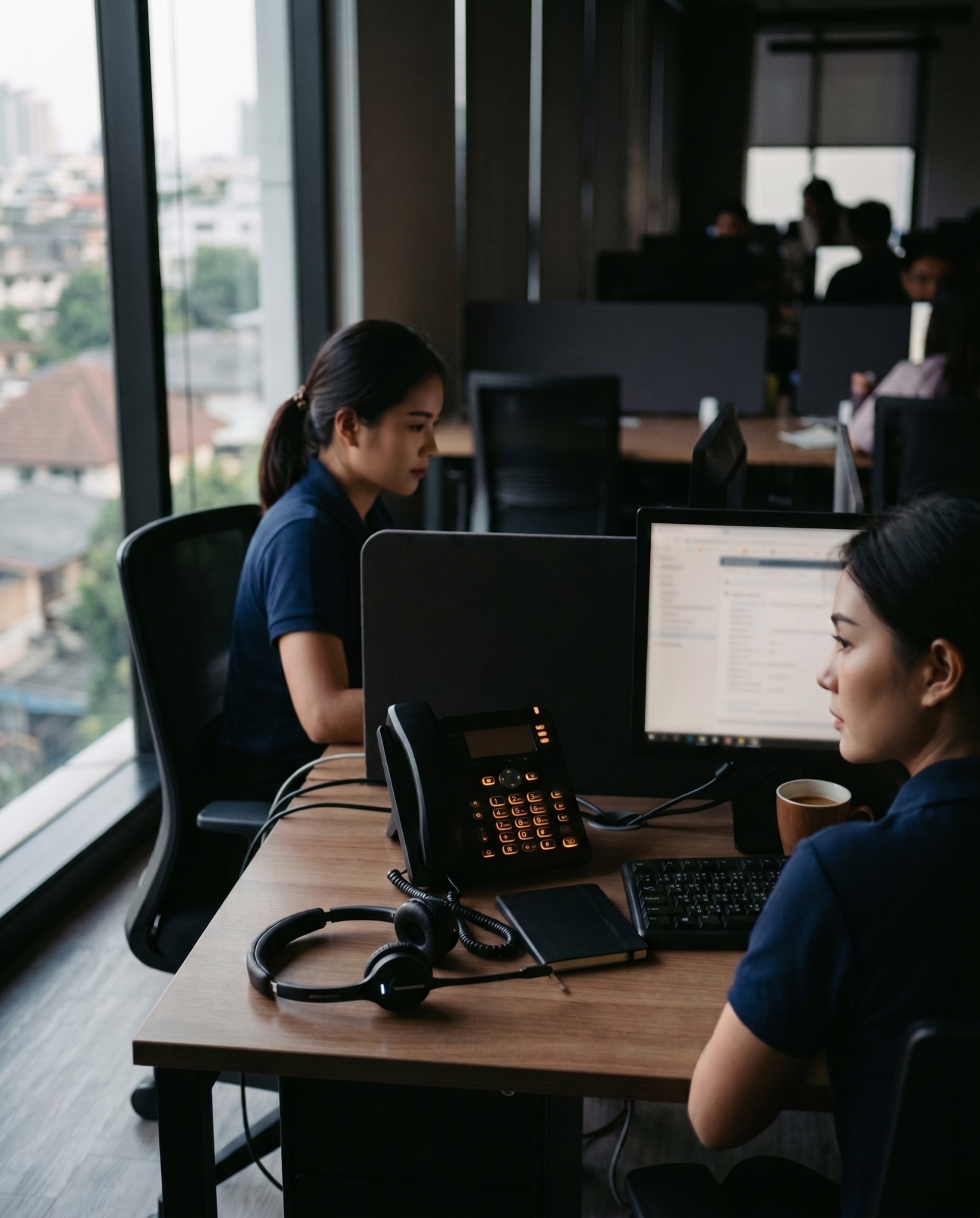 VoIP workspace with desk phone and headset in a quiet Bangkok office