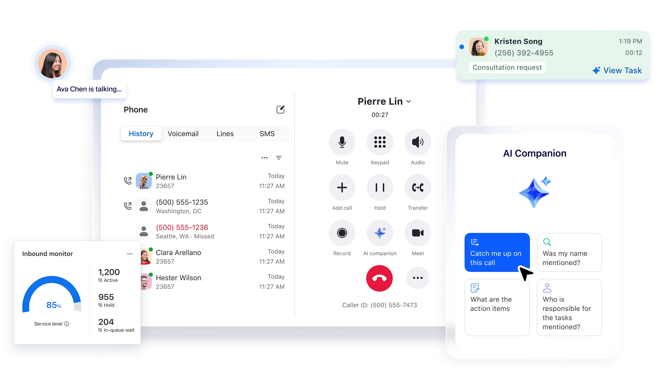 Cloud Phone by Zoom — the Phone app on an active call, with AI Companion catching you up and writing the action items.